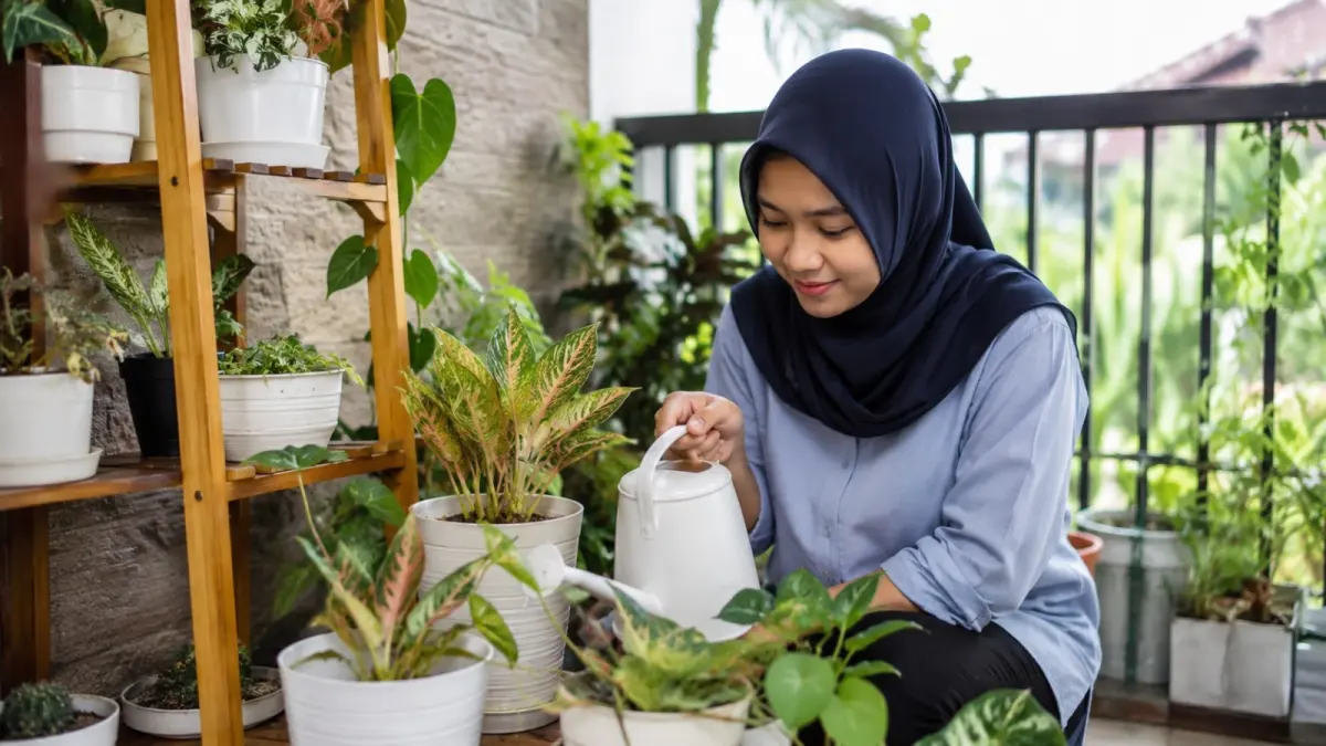 Merawat tanaman hias di rumah dapat menjadi aktivitas sederhana untuk memberi jeda dari rutinitas dan menciptakan ruang yang lebih tenang. (ChatGPT)