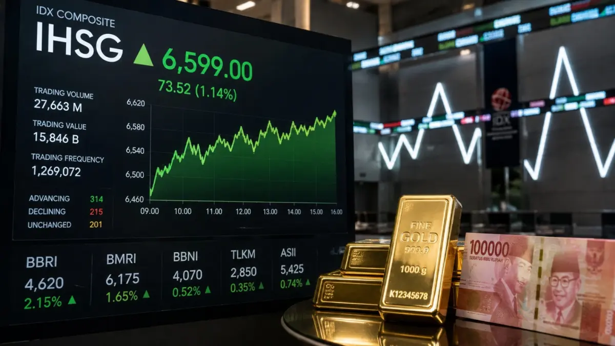 Pergerakan IHSG, rupiah, dan harga emas menunjukkan arah berbeda pada perdagangan 1 September 2026 di tengah perubahan sentimen pasar global. (ChatGPT)