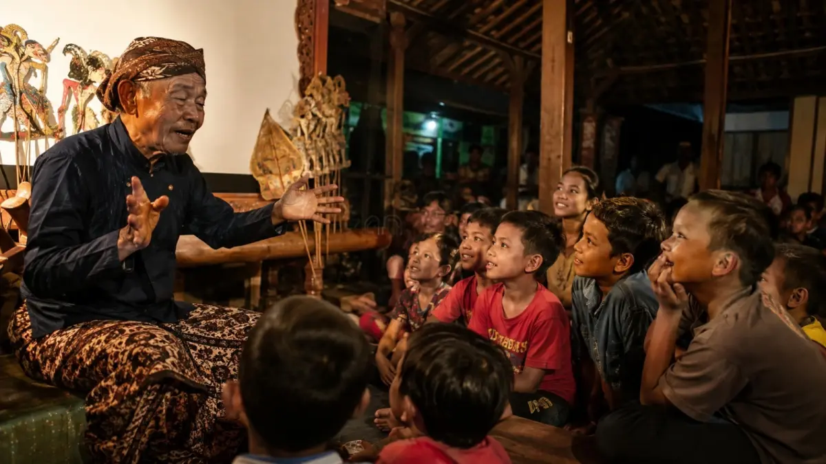 Seorang pelaku tradisi menyampaikan cerita secara lisan kepada generasi muda. Pewarisan antargenerasi menjadi salah satu kunci menjaga keberlangsungan tradisi lisan Jawa. (ChatGPT)