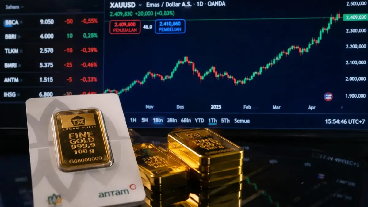 Harga emas Antam turun Rp40.000 menjadi Rp2.624.000 per gram pada perdagangan Rabu (2/9), sementara IHSG dan Rupiah juga berada dalam tekanan. (ChatGPT)