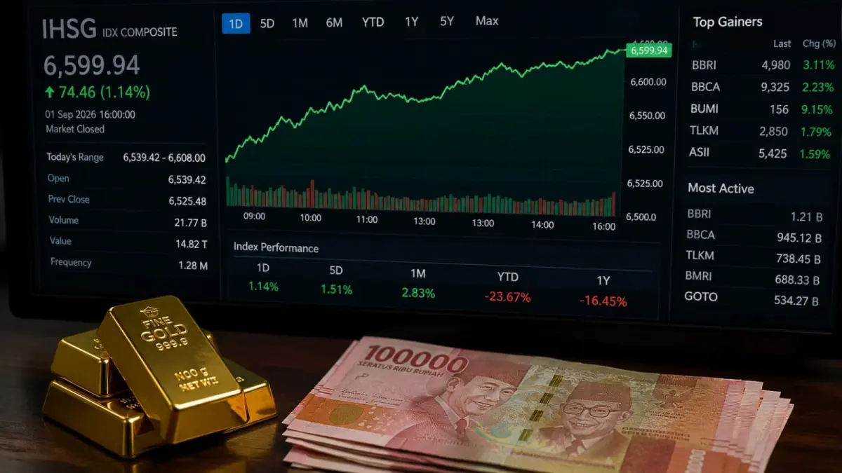 IHSG menguat mendekati level 6.600, sementara harga emas Antam turun pada perdagangan 2 September 2026 di tengah tekanan pasar global. (ChatGPT)