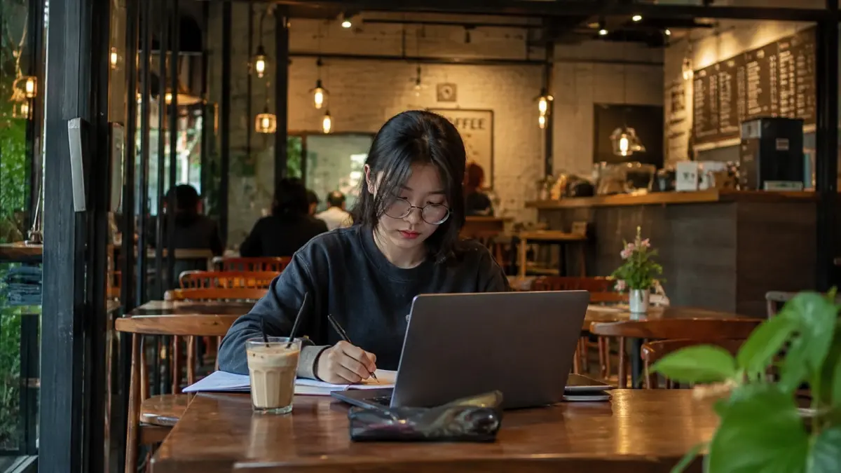 Seorang pengunjung menikmati waktu seorang diri di kafe. Bagi sebagian anak muda, datang sendiri menjadi cara untuk menikmati waktu pribadi, belajar, atau beristirahat dari rutinitas. (ChatGPT)