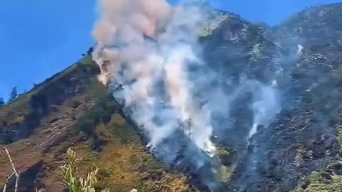 Asap tebal keluar dari area lahan yang terbakar di Gunung Merapi Ungup-Ungup, masuk wilayah Licin, Kamis (3/9). (Kholil for Radar Banyuwangi)