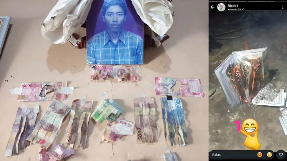 PAJANGAN: Uang kertas yang disobek ditemukan jadi hiasan dinding rumah ODGJ AR di Sumbersewu, Muncar, Banyuwangi, Rabu (2/9). (Foto: Polsek Muncar)