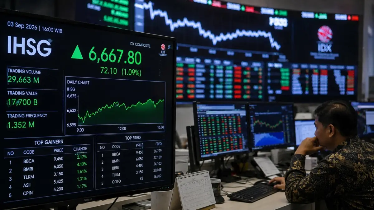 Pergerakan IHSG, rupiah, dan harga emas sama-sama menguat pada perdagangan Kamis (3/9), di tengah perubahan sentimen pasar global. (ChatGPT)