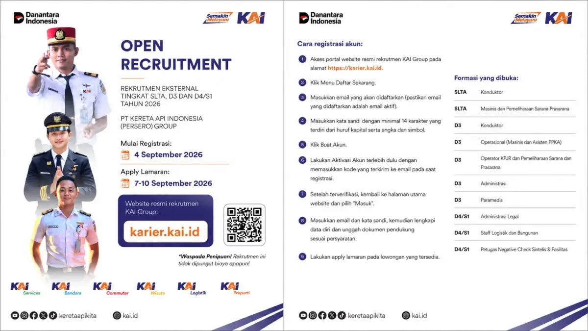 Poster rekrutmen eksternal KAI Group 2026. Registrasi akun dijadwalkan mulai 4 September, sedangkan pengajuan lamaran berlangsung pada 7-10 September 2026. (Instagram/sepurngapak5)