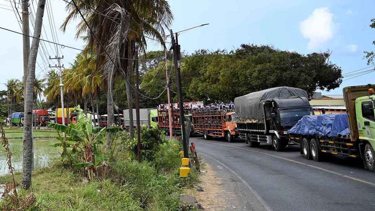 Antrean kendaraan logistik menuju Pelabuhan Ketapang-Gilimanuk tembus 15 kilometer ke arah Wongsorejo, Banyuwangi. (Ramada Kusuma/Radar Banyuwangi)