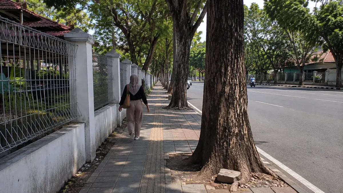 Keberadaan pohon di sepanjang trotoar dapat memberikan keteduhan bagi pejalan kaki, tetapi penempatan dan pemeliharaannya perlu disesuaikan dengan ruang yang tersedia. (ChatGPT)