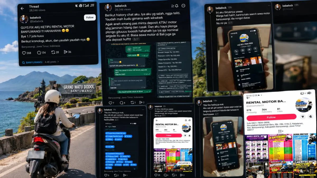 Ilustrasi wisatawan menggunakan sepeda motor untuk berwisata di Banyuwangi. Calon penyewa diimbau memastikan identitas penyedia jasa sebelum melakukan pembayaran secara daring. (ChatGPT)