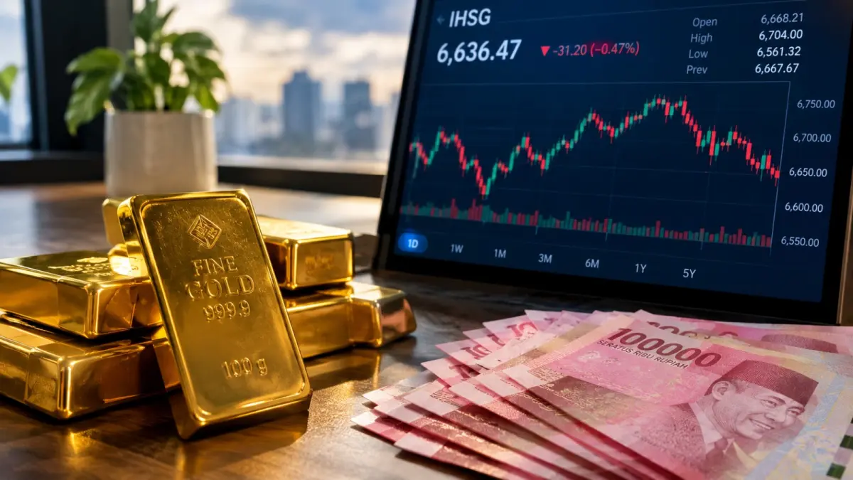 Harga emas Antam turun Rp30.000 menjadi Rp2,64 juta per gram pada 7 September 2026, sementara IHSG menghadapi risiko koreksi pada awal pekan. (ChatGPT)