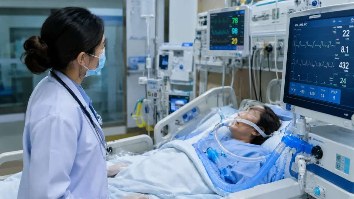 Ilustrasi perawatan pasien di ruang intensif menggunakan ventilator. Diagnosis mati batang otak harus ditetapkan melalui pemeriksaan medis yang objektif dan ketat. (ChatGPT)