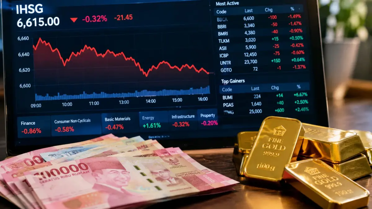 Pergerakan pasar keuangan Indonesia pada Senin (7/9). IHSG melemah setelah sempat dibuka menguat, sementara rupiah berada di kisaran Rp17.630-Rp17.660 per dolar AS dan harga emas Antam bertahan di atas Rp2,6 juta per gram. (ChatGPT)