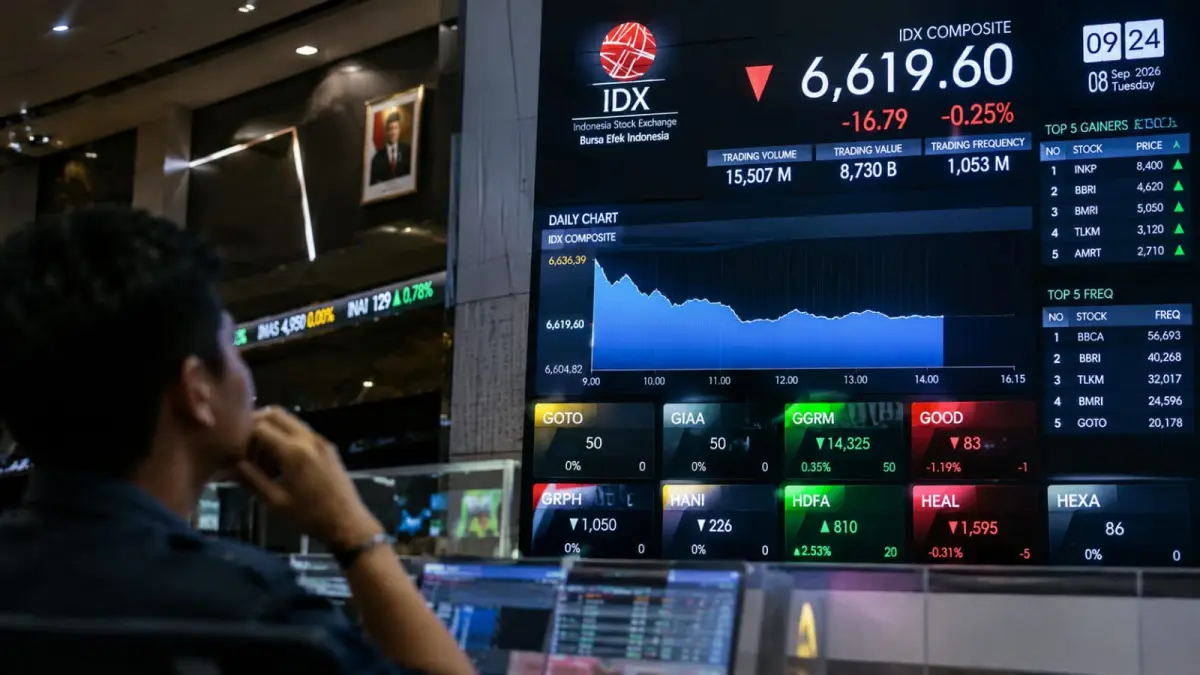 Pergerakan IHSG diperkirakan masih menghadapi tekanan pada perdagangan Selasa, 8 September 2026, di tengah sentimen global dan ketidakpastian kebijakan suku bunga AS. (ChatGPT)