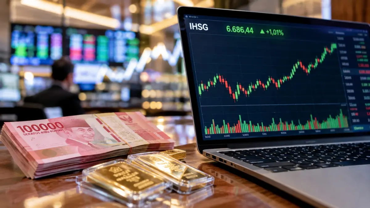 Pergerakan pasar keuangan Indonesia pada Selasa, 8 September 2026. IHSG ditutup menguat 1,01 persen, sementara rupiah relatif stabil dan harga emas Antam terkoreksi. (ChatGPT)