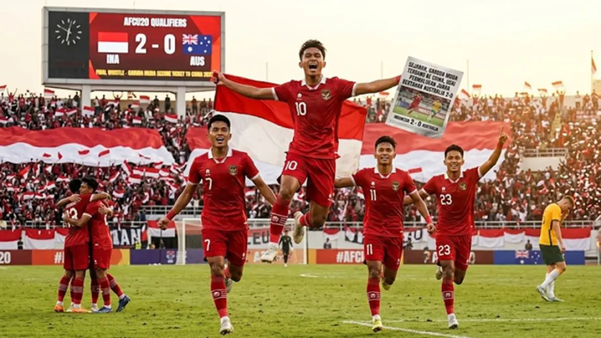Selebrasi pemain Timnas Indonesia U-20 usai memastikan kemenangan atas Australia di Stadion Laos, Ahad (6/9/2026). (Radar Sukabumi)