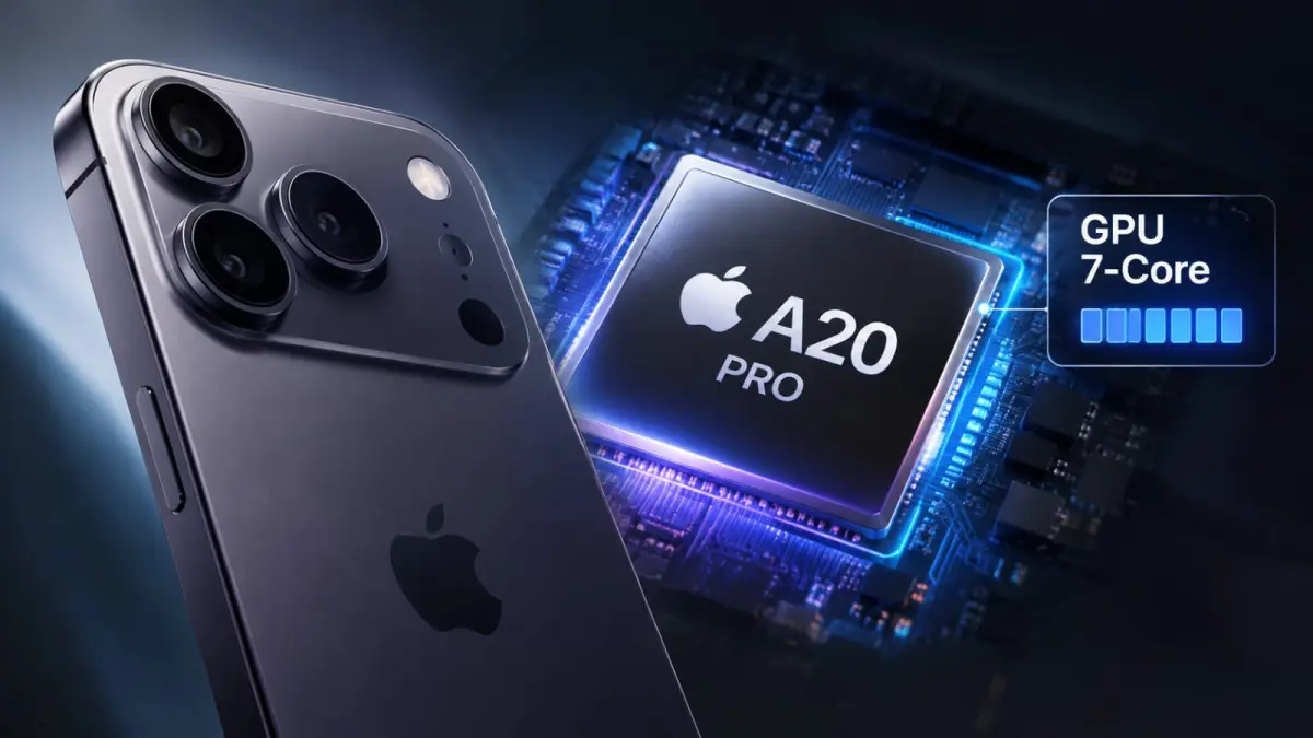 Ilustrasi iPhone 18 Pro dengan chip A20 Pro yang dikabarkan membawa GPU 7-core. (ChatGPT)