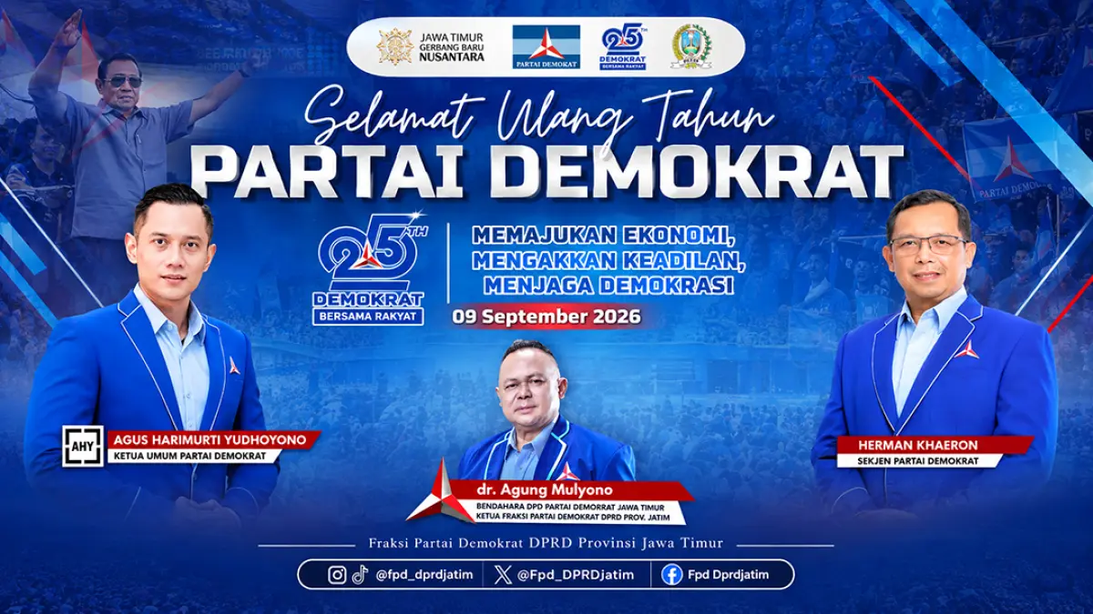Partai Demokrat genap 25 tahun pada 9 September 2026. Fraksi Demokrat DPRD Jatim menegaskan komitmen memajukan ekonomi, keadilan, dan demokrasi.