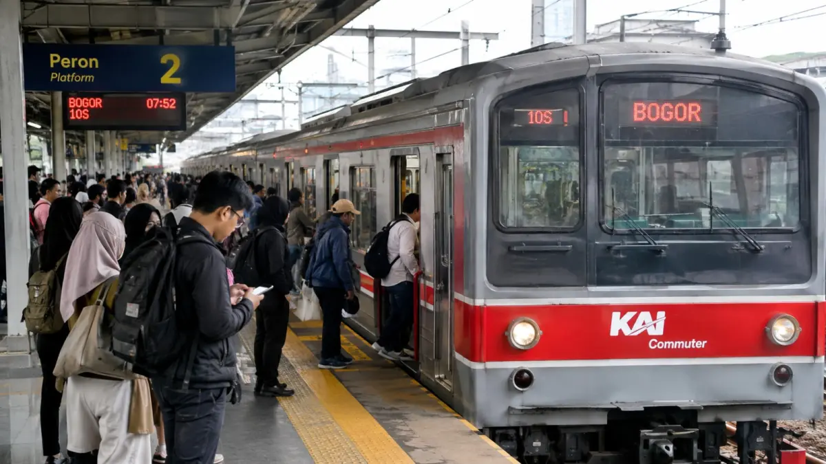 Penumpang menunggu KRL pada jam sibuk. Sebanyak 17 perjalanan Bogor Line dibatalkan sementara selama 7–30 September 2026 karena penyesuaian operasional dan perawatan tujuh rangkaian KRL. (ChatGPT)