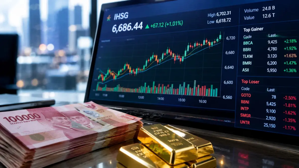 Pergerakan IHSG, Rupiah, dan harga emas menjadi perhatian investor pada perdagangan Rabu, 9 September 2026. (ChatGPT)