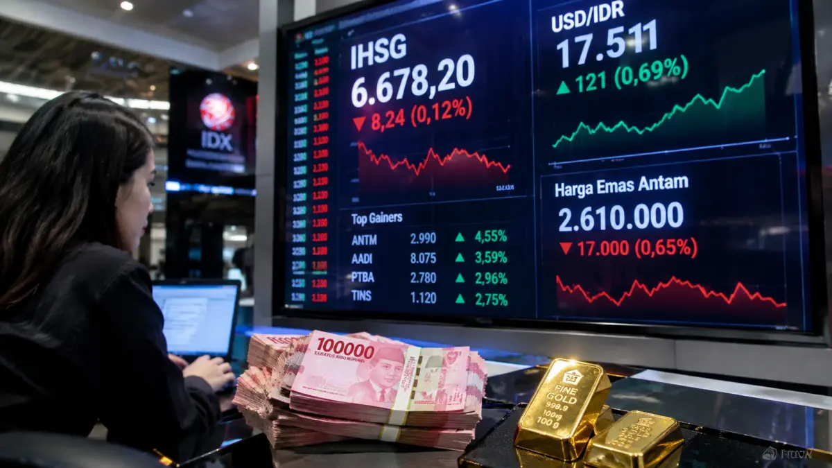 Pergerakan pasar keuangan Indonesia pada perdagangan 9 September 2026. Rupiah menguat, sementara IHSG dan harga emas Antam mengalami koreksi. (ChatGPT)