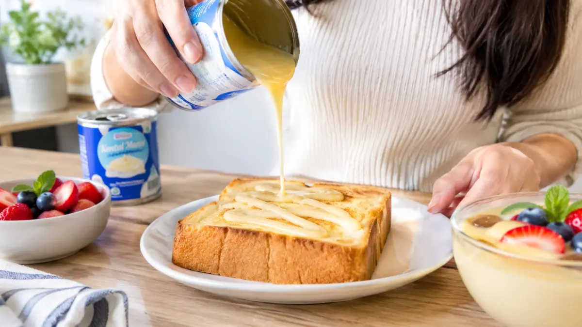 Susu kental manis tetap berbahan dasar susu sapi, tetapi penggunaannya berbeda dari susu cair dan lebih tepat digunakan sebagai pelengkap atau topping makanan dan minuman. (ChatGPT)