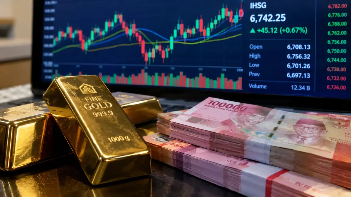 Harga emas, Rupiah, dan IHSG menjadi perhatian pelaku pasar di tengah kenaikan harga minyak dunia dan ketidakpastian ekonomi global. (ChatGPT)