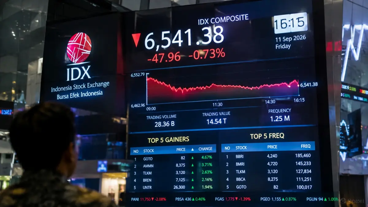 IHSG ditutup melemah 0,73 persen ke level 6.541,38 pada perdagangan Jumat, 11 September 2026, setelah sempat tertekan hingga 1,82 persen pada sesi pertama. (ChatGPT)