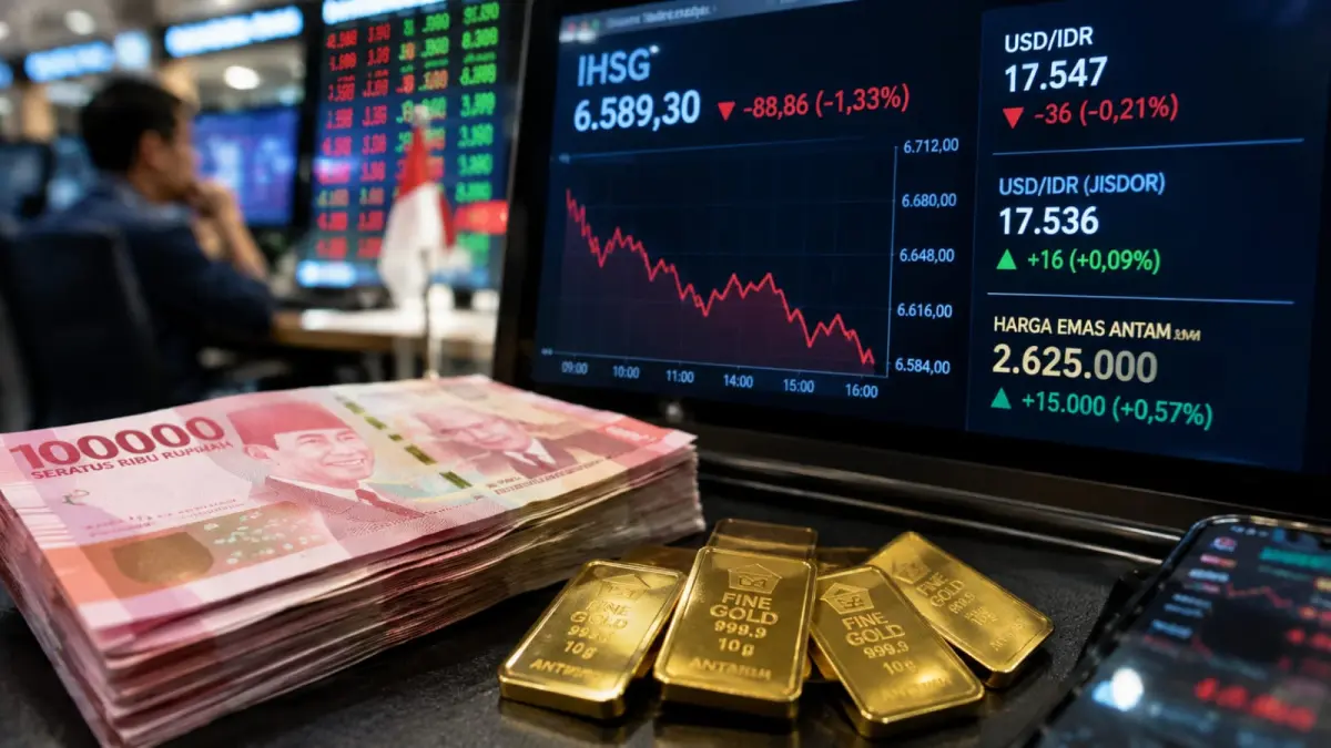 Pergerakan IHSG, Rupiah, dan harga emas menjadi perhatian pasar pada perdagangan Jumat, 11 September 2026 di tengah lonjakan harga minyak dan ketidakpastian ekonomi global. (ChatGPT)