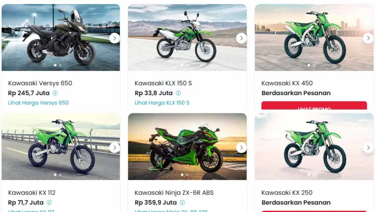 Daftar harga motor Kawasaki September 2026 lengkap, dari KLX110R dan Brusky 125 hingga Ninja H2. Simak pilihan sport, trail, cruiser, dan lainnya. (OTO)