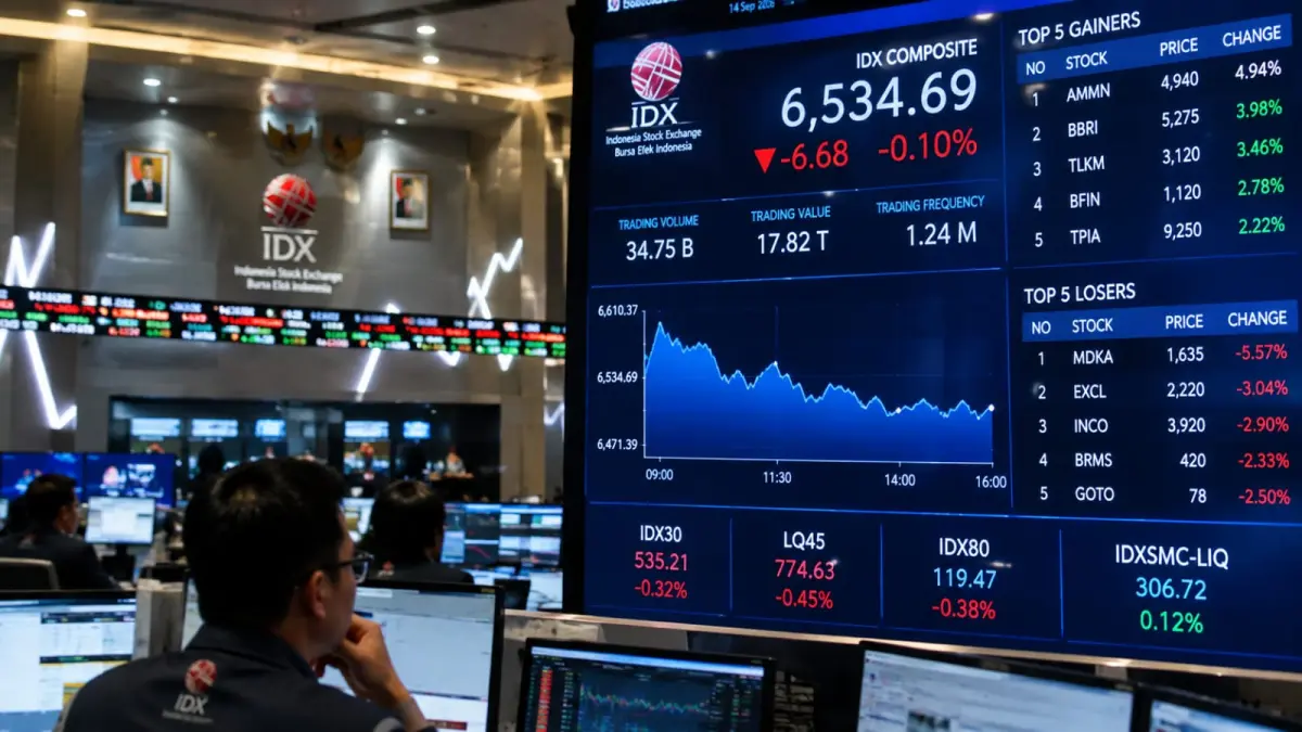 IHSG sempat anjlok lebih dari 2 persen pada perdagangan Senin, 14 September 2026, sebelum berbalik dan ditutup di level 6.534,69 setelah sentimen pasar membaik. (ChatGPT)