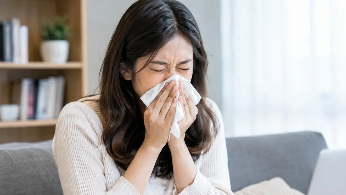 Menutup bersin menggunakan tisu atau bagian dalam siku lebih dianjurkan daripada menahan bersin dengan menutup hidung dan mulut rapat-rapat. (ChatGPT)