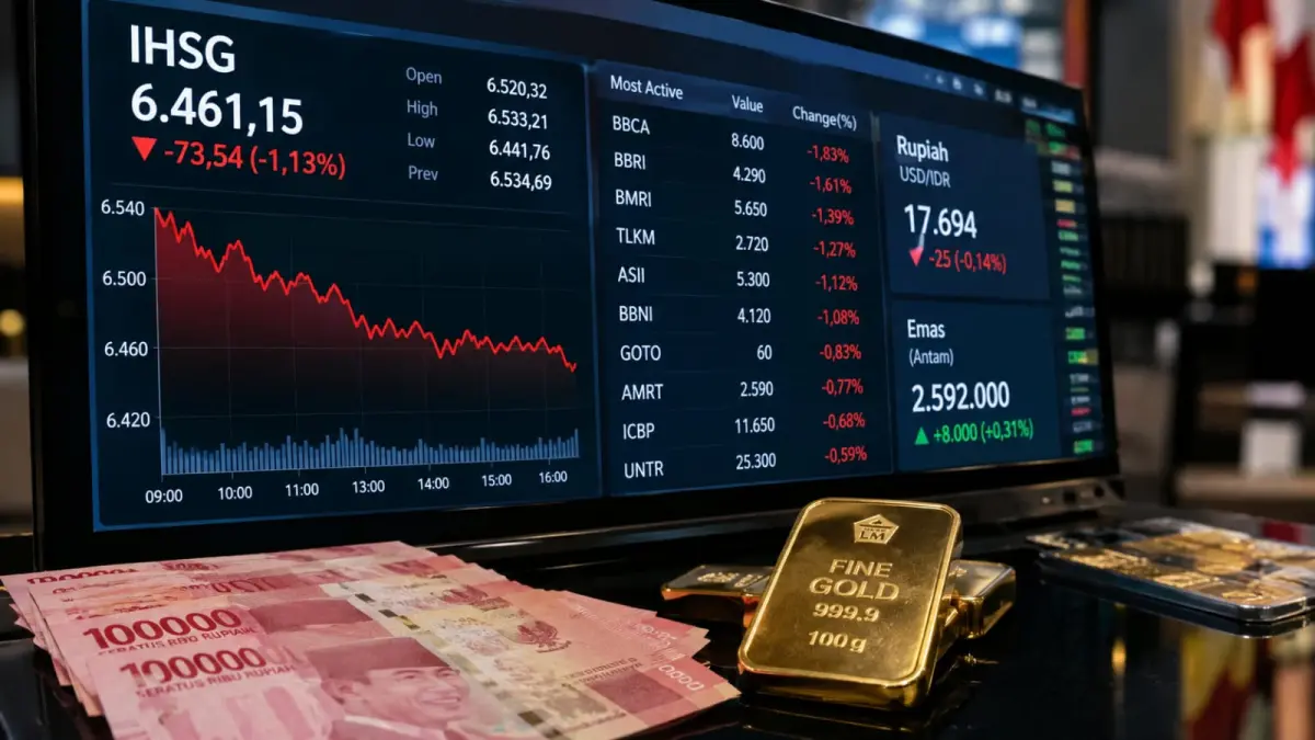 Pergerakan IHSG, rupiah, dan harga emas menjadi perhatian pelaku pasar Indonesia pada perdagangan 16 September 2026 di tengah penantian arah kebijakan Federal Reserve. (ChatGPT)