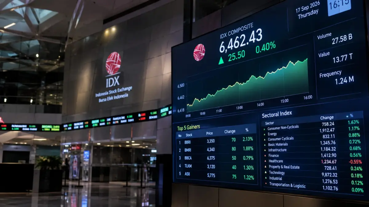 Pergerakan pasar keuangan Indonesia pada Kamis, 17 September 2026 menunjukkan arah berbeda. IHSG menguat, rupiah melemah, sementara harga emas Antam naik meski harga emas dunia turun. (ChatGPT)