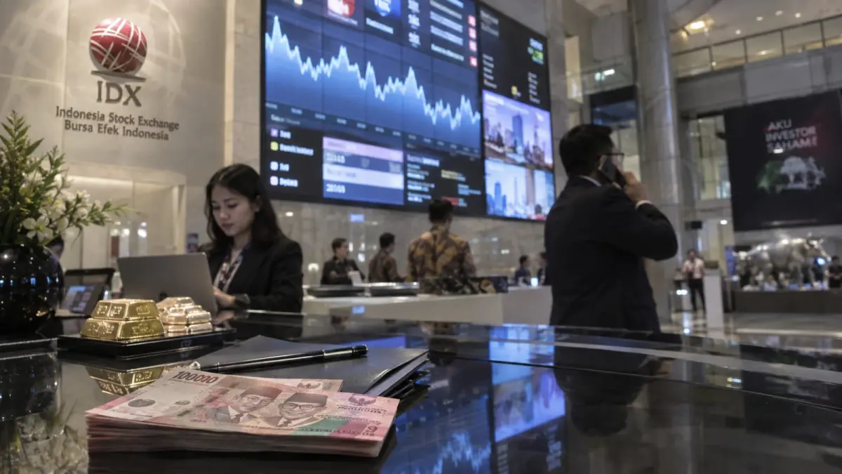 Perdagangan Jumat, 18 September 2026, ditandai pelemahan IHSG sebesar 0,33 persen, rupiah yang relatif stabil di kisaran Rp17.700 per dolar AS, dan kenaikan harga emas Antam sebesar Rp25.000 menjadi Rp2.623.000 per gram. (ChatGPT)