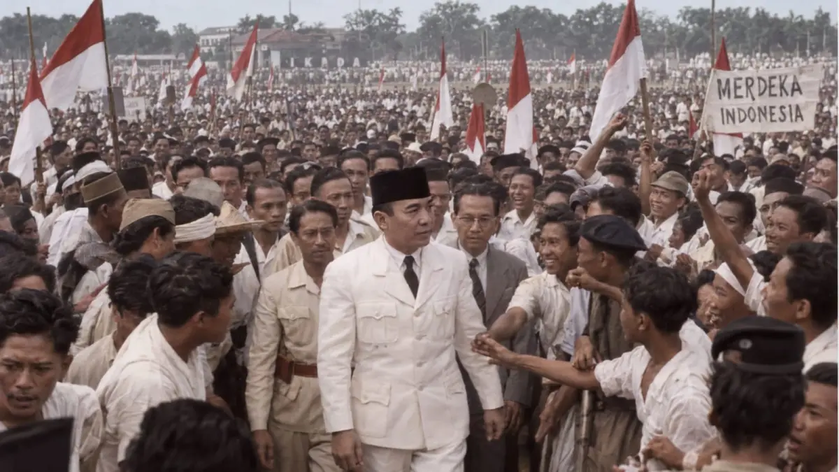 Presiden Soekarno berjalan bersama ribuan rakyat dalam Rapat Raksasa di Lapangan Ikada, Jakarta, 19 September 1945. Pada hari yang sama, para pemuda di Surabaya terlibat dalam Insiden Bendera Hotel Yamato. (ChatGPT)