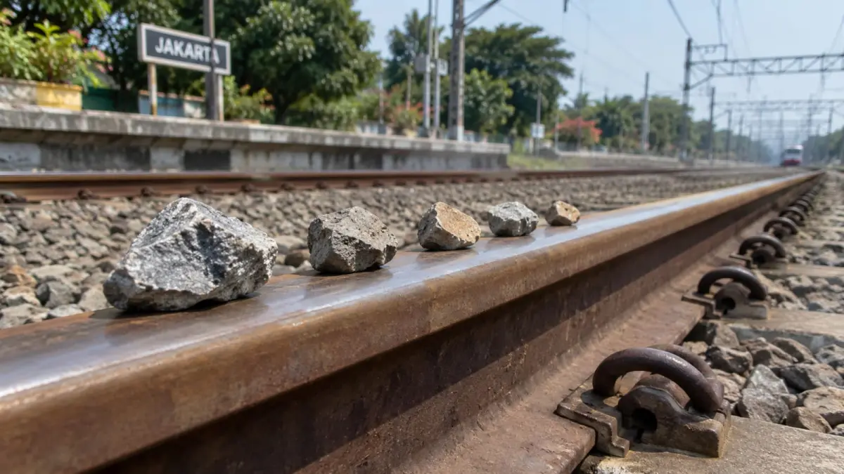 Batu yang diduga sengaja diletakkan di atas rel. (ChatGPT)