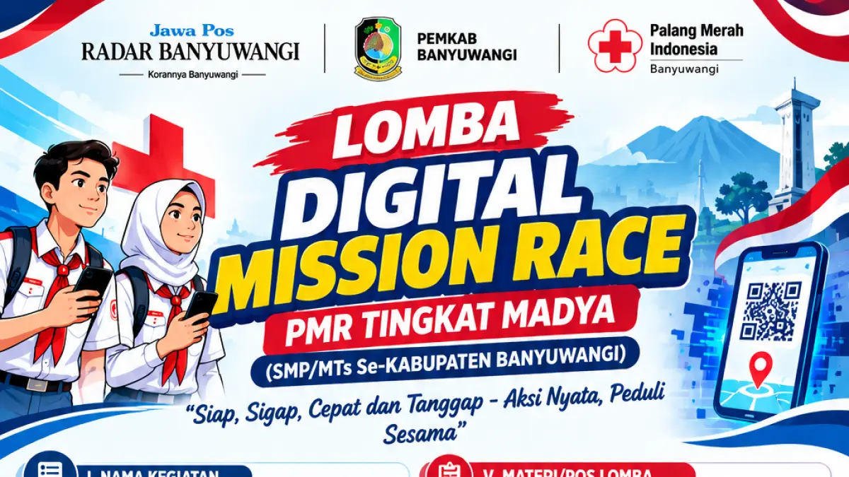 Sebanyak 53 regu SMP dan MTs se-Banyuwangi siap mengikuti Digi MR PMR 2026. Peserta akan menghadapi lima pos dan tantangan pertolongan pertama. (ChatGPT)
