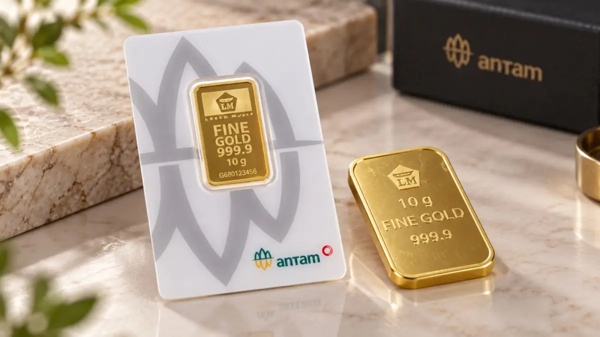 Emas batangan Antam diperlihatkan di Butik Emas Logam Mulia. Harga emas Antam pada Selasa (22/9) turun Rp1.000 menjadi Rp2.627.000 per gram. (ChatGPT)