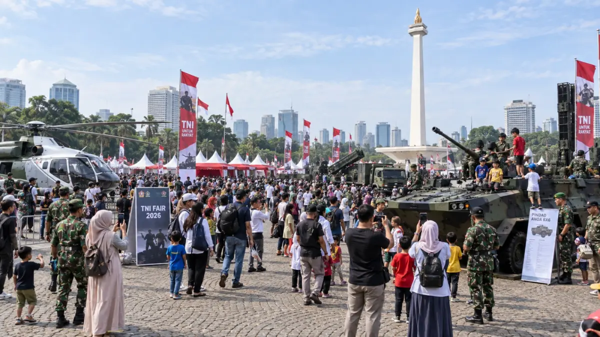 Sejumlah warga melihat helikopter Caracal yang dipamerkan dalam TNI Fair 2026 di Monumen Nasional (Monas), Jakarta. Puncak HUT ke-81 TNI yang semula dijadwalkan berlangsung di Monas pada 5 Oktober 2026 dipindahkan ke Mabes TNI, Cilangkap, Jakarta Timur. (ChatGPT)