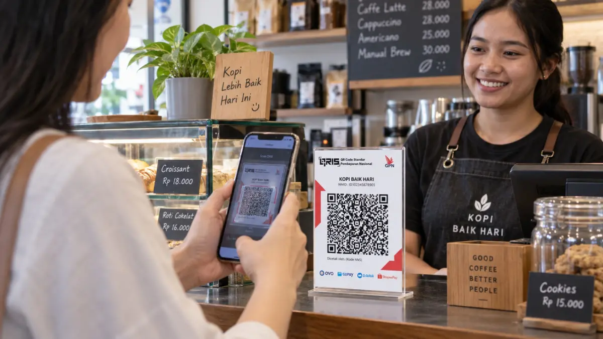 Pengguna melakukan pembayaran dengan memindai kode QR. QRIS Antarnegara kini terhubung dengan Thailand, Malaysia, Singapura, Jepang, Korea Selatan, dan Tiongkok. (ChatGPT)