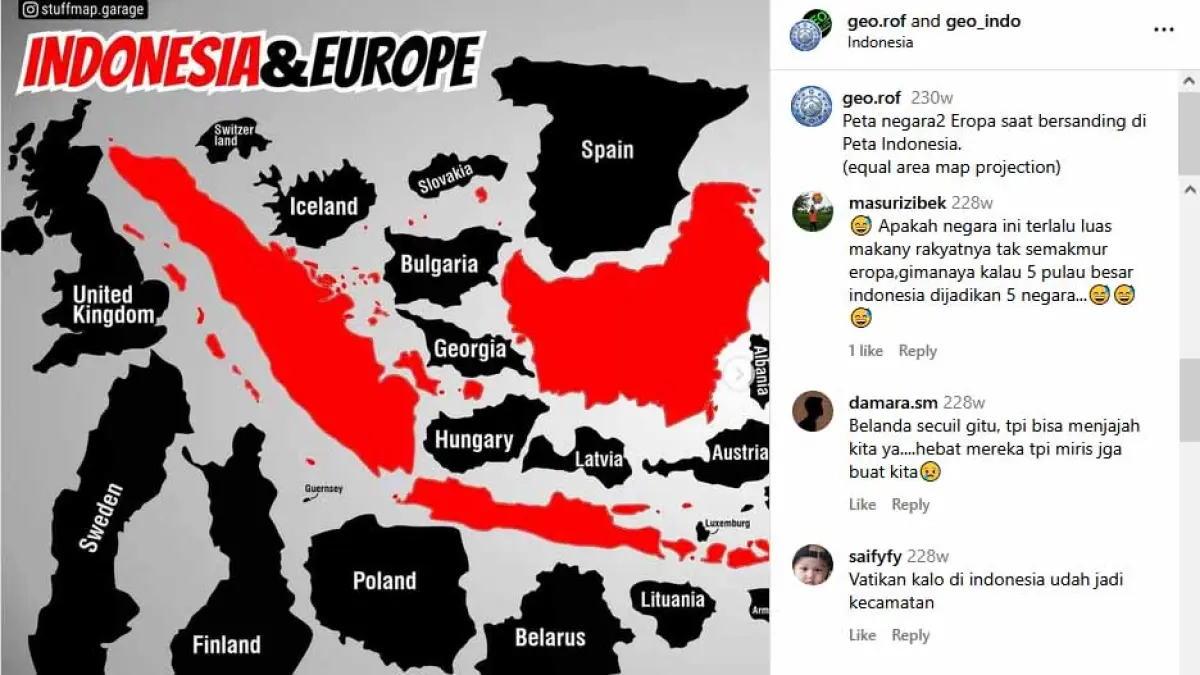 Peta negara2 Eropa saat bersanding di Peta Indonesia. (Instagram @geo.rof)