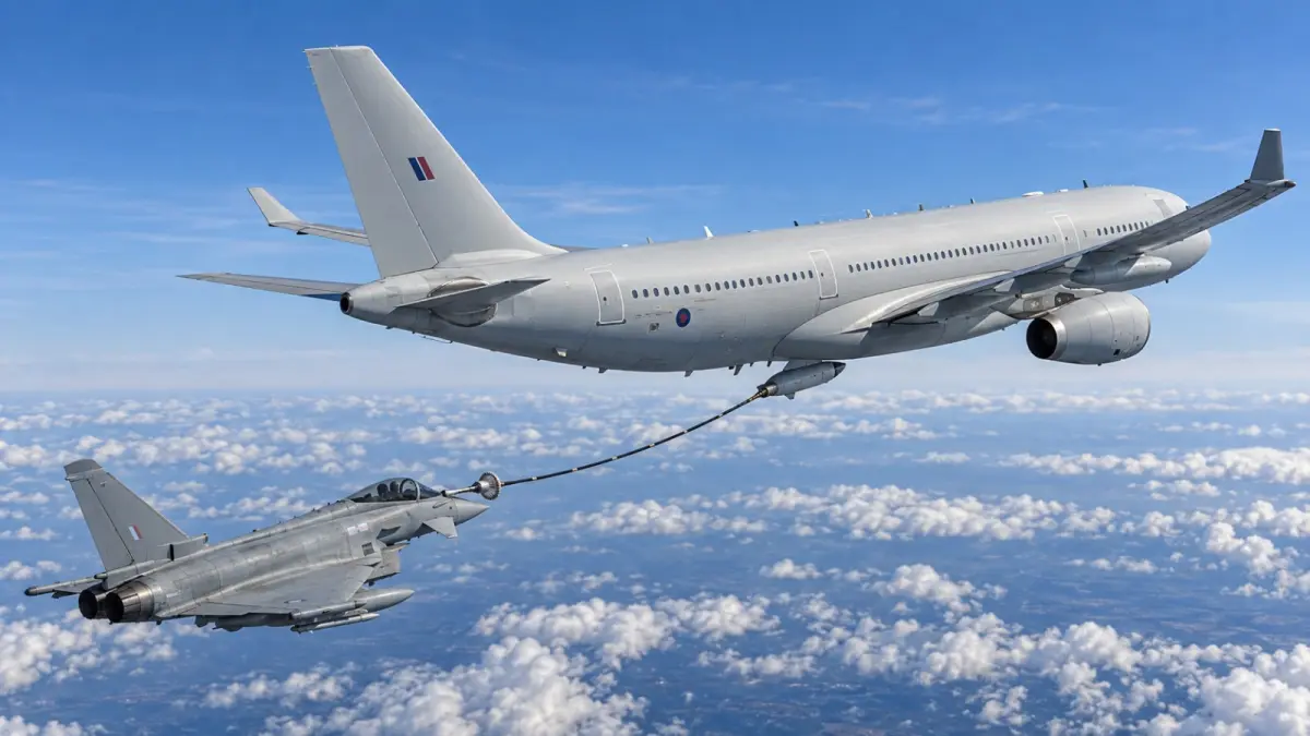 Pesawat tanker Voyager milik Royal Air Force (RAF). Inggris akan mengerahkan satu Voyager untuk memberikan dukungan pengisian bahan bakar di udara kepada pesawat Arab Saudi yang menjalankan misi pertahanan di tengah meningkatnya serangan Houthi dari Yaman. (ChatGPT)
