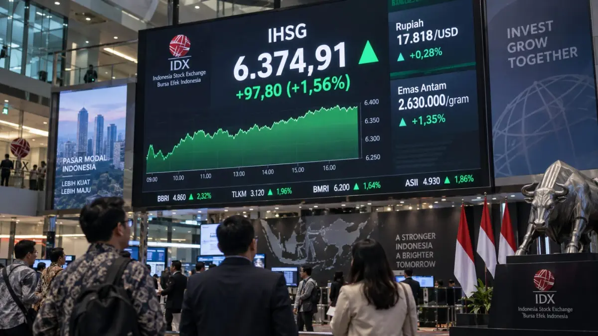Pergerakan pasar keuangan Indonesia pada Rabu, 23 September 2026, diwarnai penguatan IHSG dan rupiah setelah Bank Indonesia mempertahankan BI-Rate di level 5,75 persen. Pada hari yang sama, harga emas Antam juga naik menjadi Rp2,63 juta per gram. (ChatGPT)