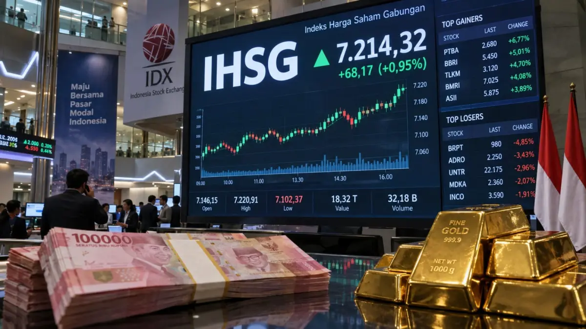 Pergerakan IHSG, rupiah, dan harga emas menjadi perhatian investor pada Rabu, 23 September 2026, menjelang keputusan Rapat Dewan Gubernur Bank Indonesia. (ChatGPT)