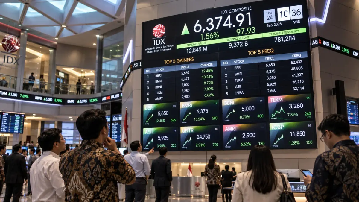 Pergerakan Indeks Harga Saham Gabungan (IHSG) menjadi perhatian investor pada perdagangan Kamis (24/9) setelah indeks menguat 1,56 persen sehari sebelumnya. IHSG kini menghadapi tekanan dari pelemahan Wall Street dan kenaikan imbal hasil obligasi AS. (ChatGPT)