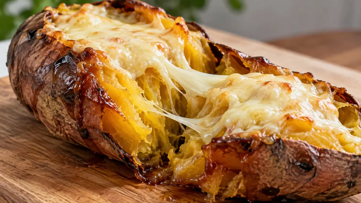 Ubi Cilembu panggang dengan mozzarella menawarkan perpaduan rasa manis alami, tekstur lembut, dan keju yang gurih serta lumer. (ChatGPT)
