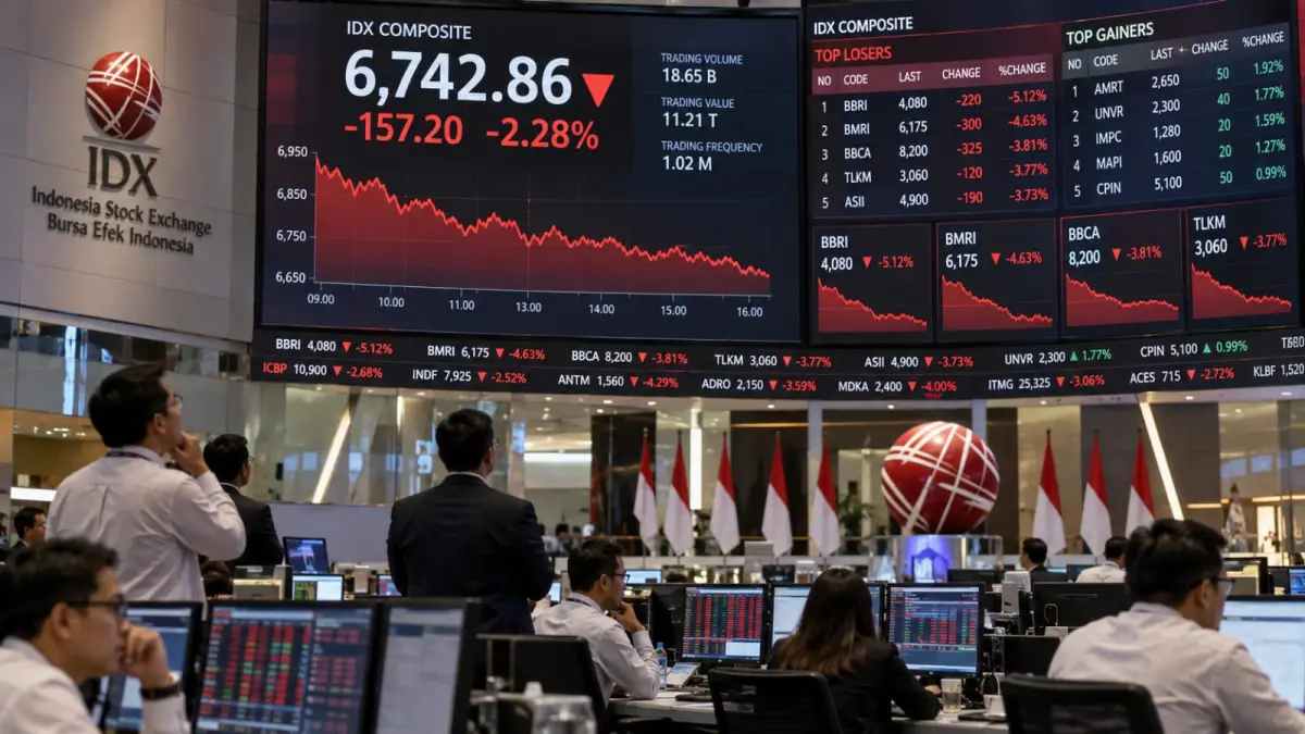 Pergerakan IHSG di Bursa Efek Indonesia. IHSG ditutup turun 0,90 persen ke level 6.241,89 pada Jumat, 25 September 2026, dengan seluruh 11 sektor berakhir di zona merah. (ChatGPT)