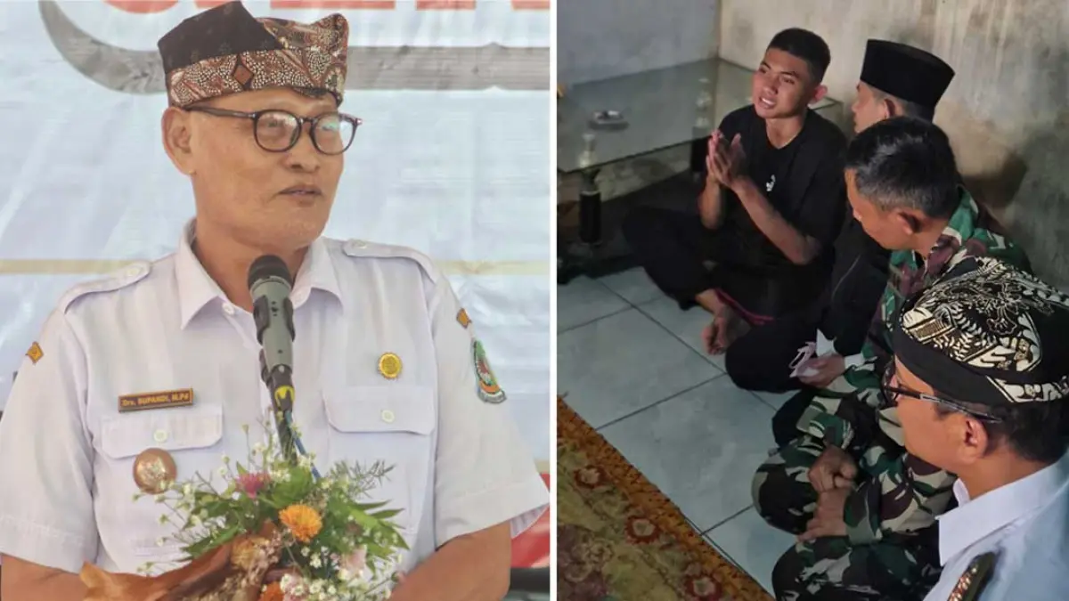 Supandi dan Firman Eka Putra. Pemdes Genteng Kulon Bantu Biaya Ujian Putra Korban KM Virgo. (Salis Ali/Radar Banyuwangi)