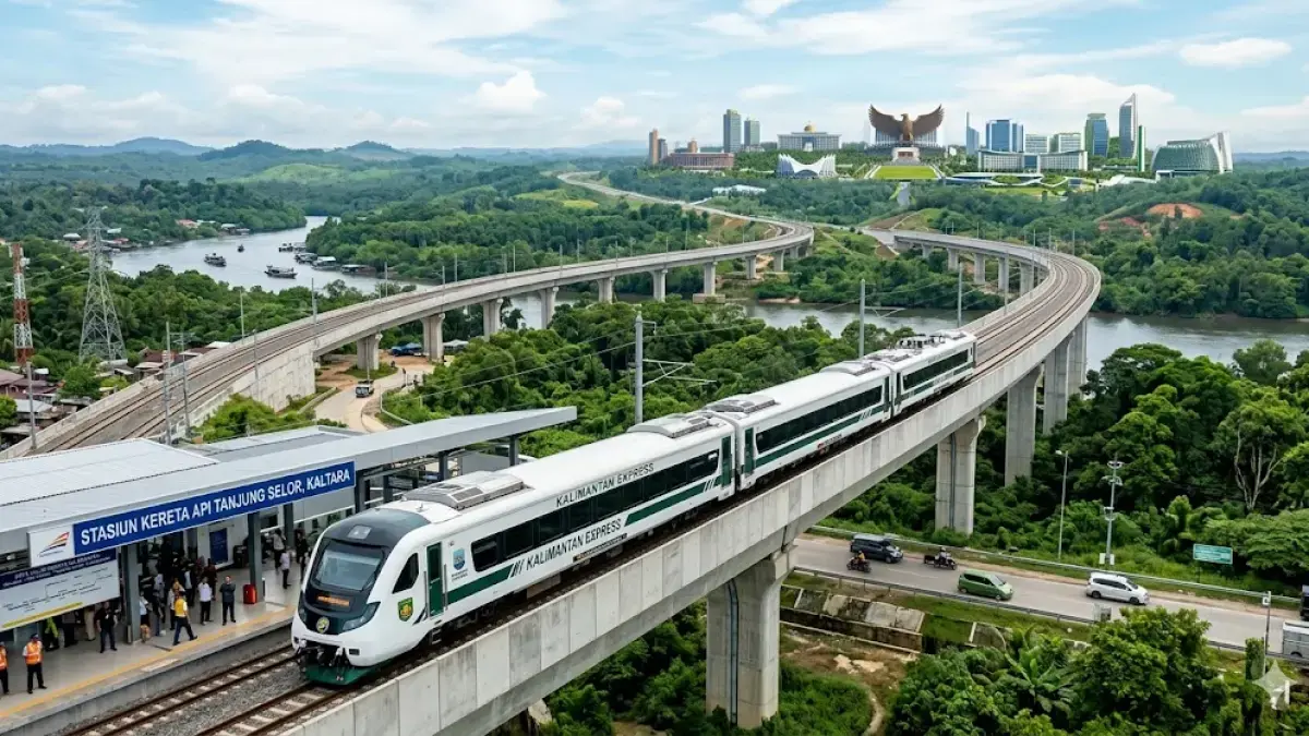 Ilustrasi pembangunan rel kereta api yang direncanakan dimulai dari Kaltara tersambung hingga IKN, Kaltim. (generate ai - Kaltim Post)