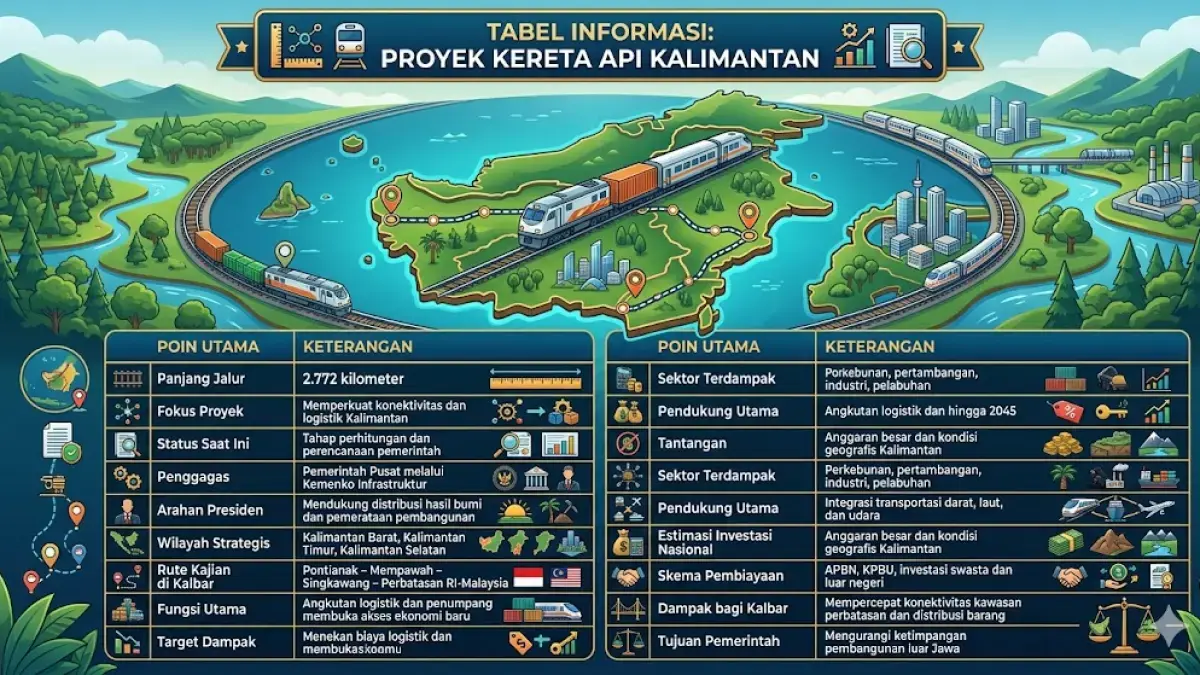Ilustrasi tabel proyek pembangunan kereta api lingkar Kalimantan.(AI - Kaltim Post)